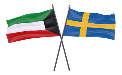 Kuwait and Sweden, two crossed flags isolated on white background. 3d image