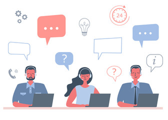 Web banner of call center workers. Support service icons. Young men and woman in headphones are sitting at the desk on a white background. People icons. Funky flat style. Vector illustration.