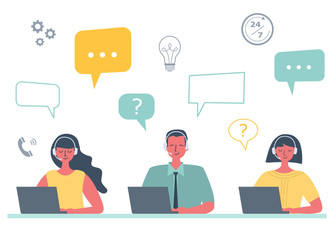 Web banner of call center workers. Support service icons. Young man and women in headphones are sitting at the desk on a white background. People icons. Funky flat style. Vector illustration.