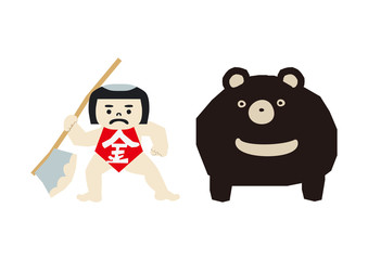 端午の節句のイメージ。 日本の季節のイラスト。 五月人形。こどもの日のイラスト素材。 金太郎。坂田金時の人形。