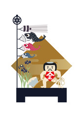 端午の節句のイメージ。 日本の季節のイラスト。 五月人形。こどもの日のイラスト素材。 金太郎。坂田金時の人形。