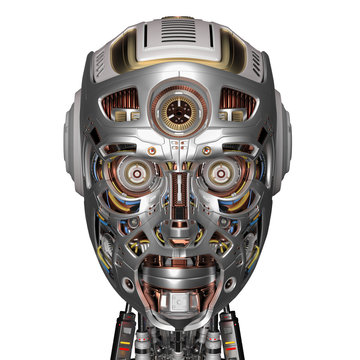 extremely detailed robot face or technological cyborg head. Front view isolated on white background. 3D illustration