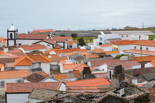 Vila do Corvo village and airstrip, Corvo island, The Azores, Portugal.