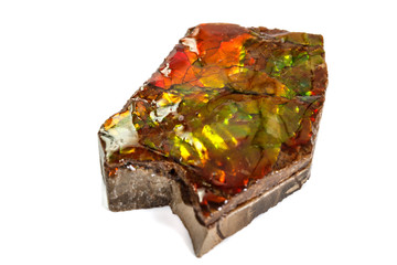 Macro stone Ammolite mineral on white background