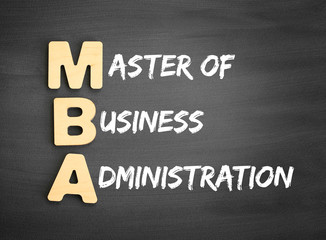 Obraz premium Color Wooden alphabets building the word MBA - Master of Business Administration acronym on blackboard