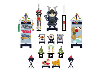 鎧武者。端午の節句のイメージ。 日本の季節のイラスト。 五月人形。こどもの日のイラスト素材。