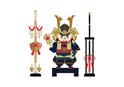 鎧武者。端午の節句のイメージ。 日本の季節のイラスト。 五月人形。こどもの日のイラスト素材。