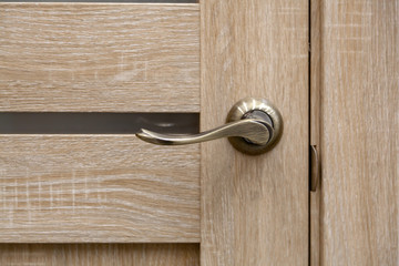 Steel door, wood trim. Several locks and a handle. Hotel door with modern knob for background. - Powered by Adobe