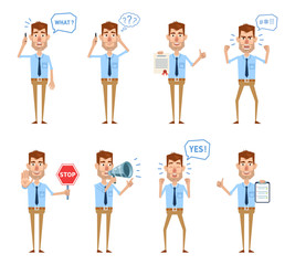 Set of businessman characters posing in different situations. Cheerful businessman talking on phone, holding document, stop sign, loudspeaker, clipboard. Simple style vector illustration