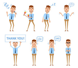 Set of businessman characters posing in different situations. Businessman singing, dancing, sleeping, thinking, laughing, surprised, holding banner. Flat design vector illustration
