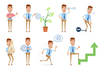 Set of businessman characters posing in different situations. Cheerful businessman posing with piggy bank, big money bag, spyglass, money tree. Successful businessman concept. Vector illustration