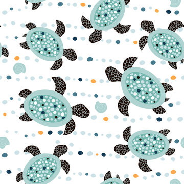 Seamless marine pattern with turtles . Creative undersea texture. Great for fabric, textile Vector Illustration