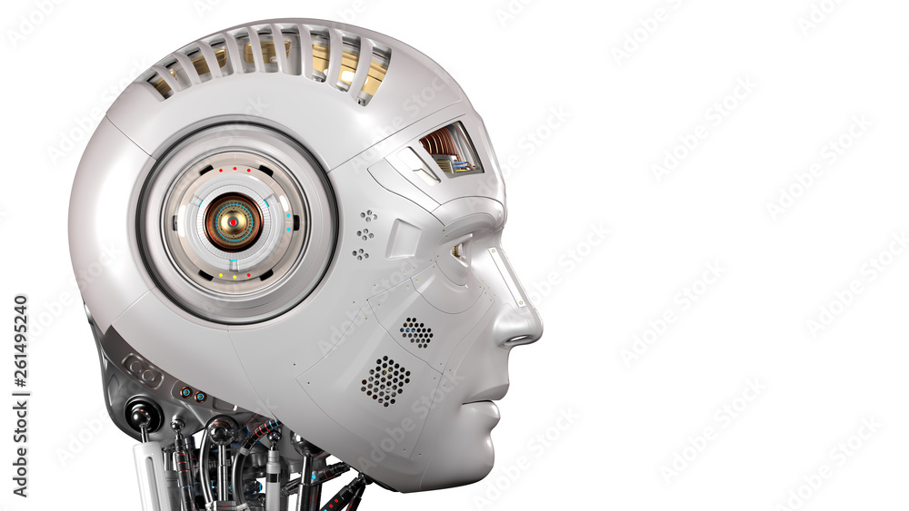 Poster futuristic robot head or very detailed cyborg face. in profile view isolated on white background wit