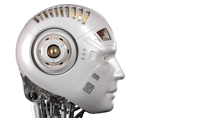 futuristic robot head or very detailed cyborg face. In profile view isolated on white background with empty space for text. 3D Illustration