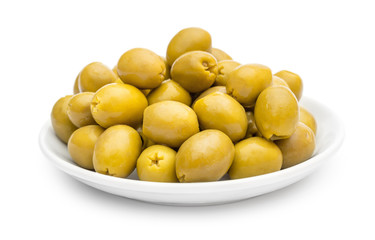 Saucer with olives on white.