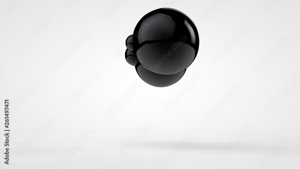 Poster 3d image of black balls in space. balls of different sizes isolated on white background. abstract, f
