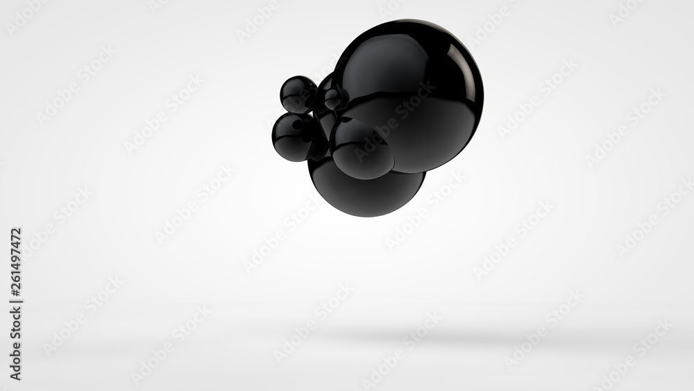 Poster 3d image of black balls in space. balls of different sizes isolated on white background. abstract, f