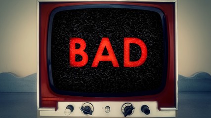 A retro vintage TV showing a red message with static noise: bad.