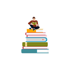 A man reading a book is sitting on a stack  books. Flat design vector illustration.