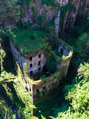 The “Valle dei Mulini,” or “Valley of Mills,” is a verdant grouping of modern ruins nestled at the bottom of a deep Italian crevasse in Sorrento, Amalfi coast. Italy, april 2019