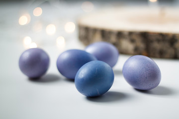 painted purple eggs on a tree on a light Easter background
