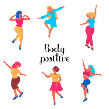 Plus size girls with bright hair of dancing together. Body positive concept. Woman vector flat illustration.