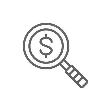 Magnify glass with dollar, money search, find currency line icon.