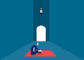 man side down reading al quran in mosque on ramadan night illustrator.