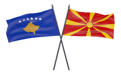 Kosovo and Macedonia, two crossed flags isolated on white background. 3d image