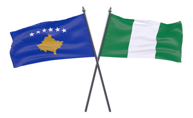 Kosovo and Nigeria, two crossed flags isolated on white background. 3d image