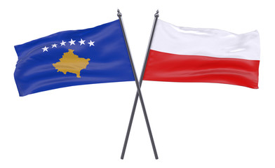 Kosovo and Poland, two crossed flags isolated on white background. 3d image