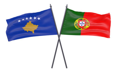 Kosovo and Portugal, two crossed flags isolated on white background. 3d image