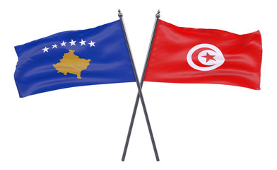 Kosovo and Tunisia, two crossed flags isolated on white background. 3d image