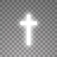 Shining white cross on transparent background. Glowing saint cross. Vector illustration