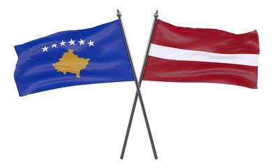 Kosovo and Latvia, two crossed flags isolated on white background. 3d image