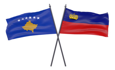Kosovo and Liechtenstein, two crossed flags isolated on white background. 3d image