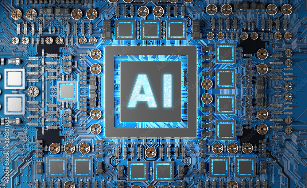 Fototapete artificial intelligence in a modern gpu card 3d rendering