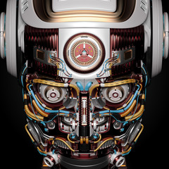 very detailed futuristic robot face closeup view on black backgrouhd. 3D illustration