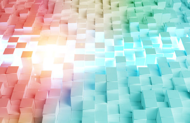 Glowing white and colorful abstract squares background pattern 3D rendering