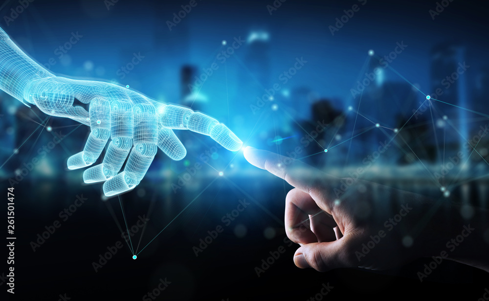 Aufkleber wireframed robot hand connecting with human hand on dark 3d rendering