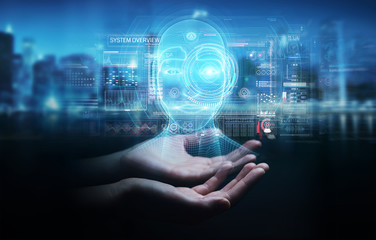 Businessman using digital artificial intelligence head interface 3D rendering