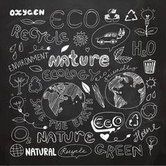 Chalkboard Eco Recycle, Reuse, Ecology, Nature Doodle. Icons Sketch.