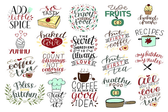 19 hand-lettering quotes about food, coffee, tea, kitchen