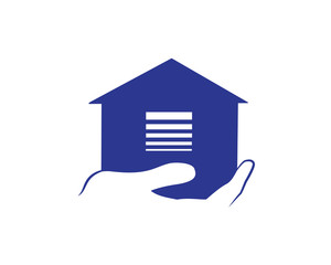 house on hand logo, blue real estate icon