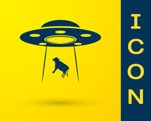 Blue UFO abducts cow icon isolated on yellow background. Flying saucer. Alien space ship. Futuristic unknown flying object. Vector Illustration © vector_v