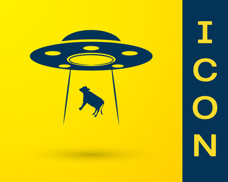 Blue UFO abducts cow icon isolated on yellow background. Flying saucer. Alien space ship. Futuristic unknown flying object. Vector Illustration