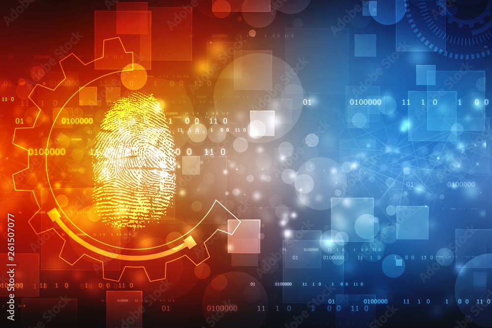 Poster fingerprint scanning identification system. biometric authorization and business security concept, f