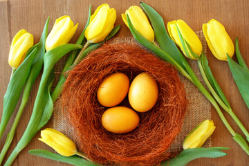 Jajka barwione kurkumą otoczone żółtymi tulipanami i brązowym sizalem - obrazy, fototapety, plakaty
