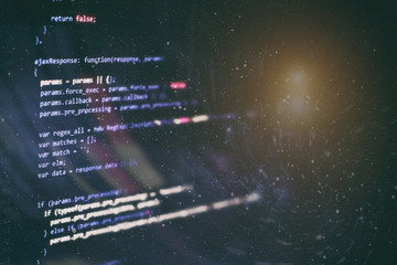 Javascript functions, variables, objects. Project managers work new idea. Future technology creation process.