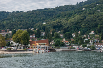 View to Stresa city and Carciano boat pier, a town on the shores of Lake Maggiore, Piedmont, Italy